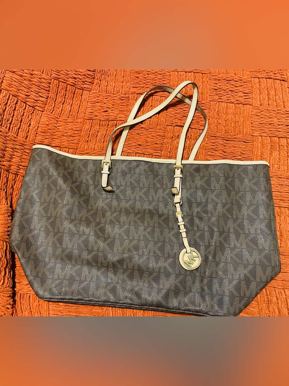 Michael Kors Large Jet Set Brown Logo Tote with Cream Trim and Gold Hardware